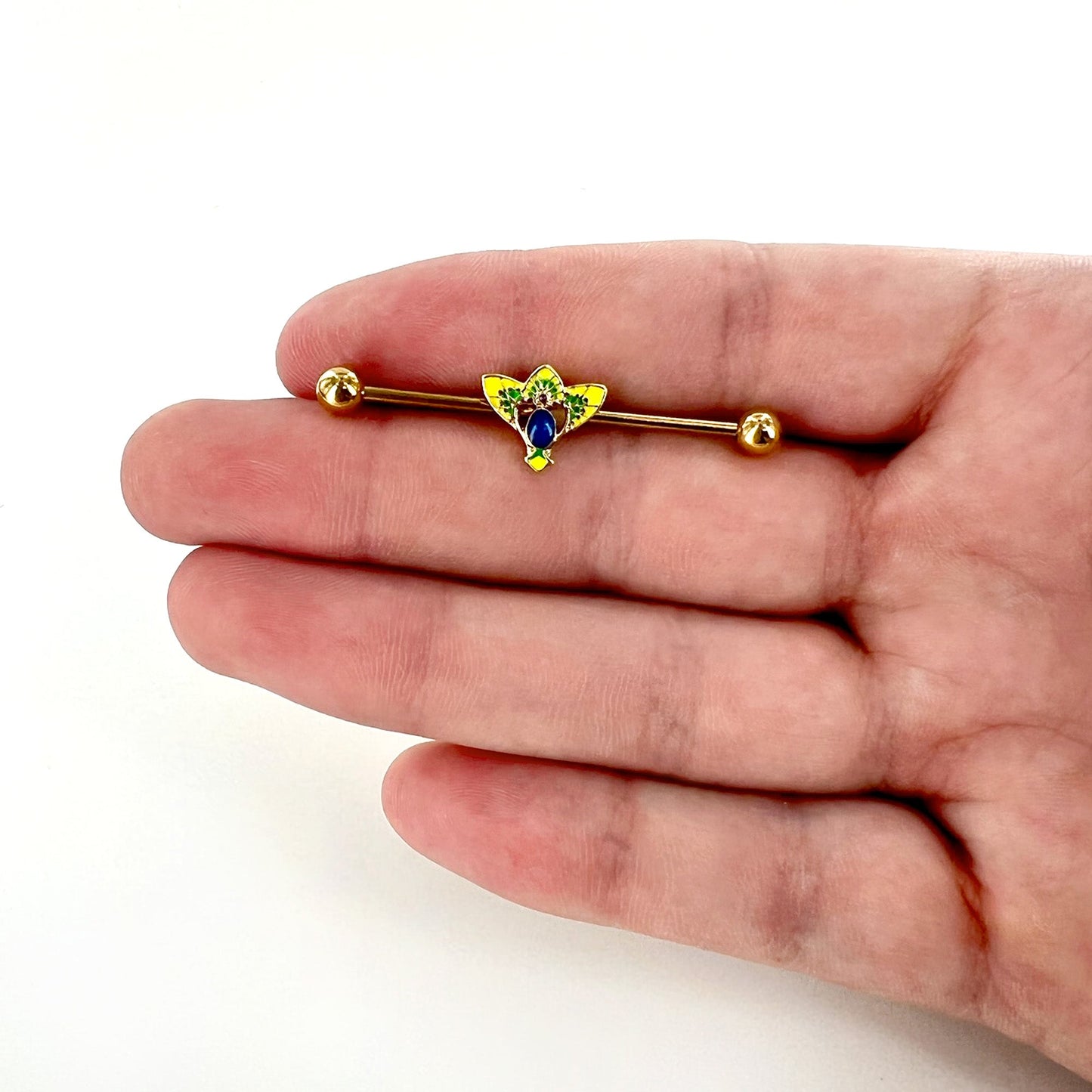 14G Blue Purple Gem Gold Tone Tropic Fan Industrial Barbell 38mm