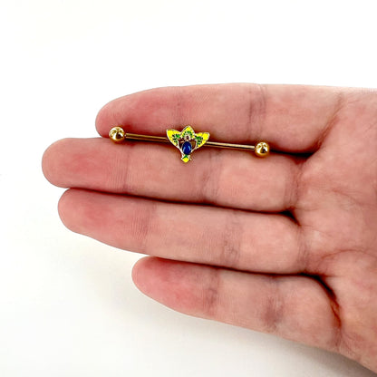 14G Blue Purple Gem Gold Tone Tropic Fan Industrial Barbell 38mm