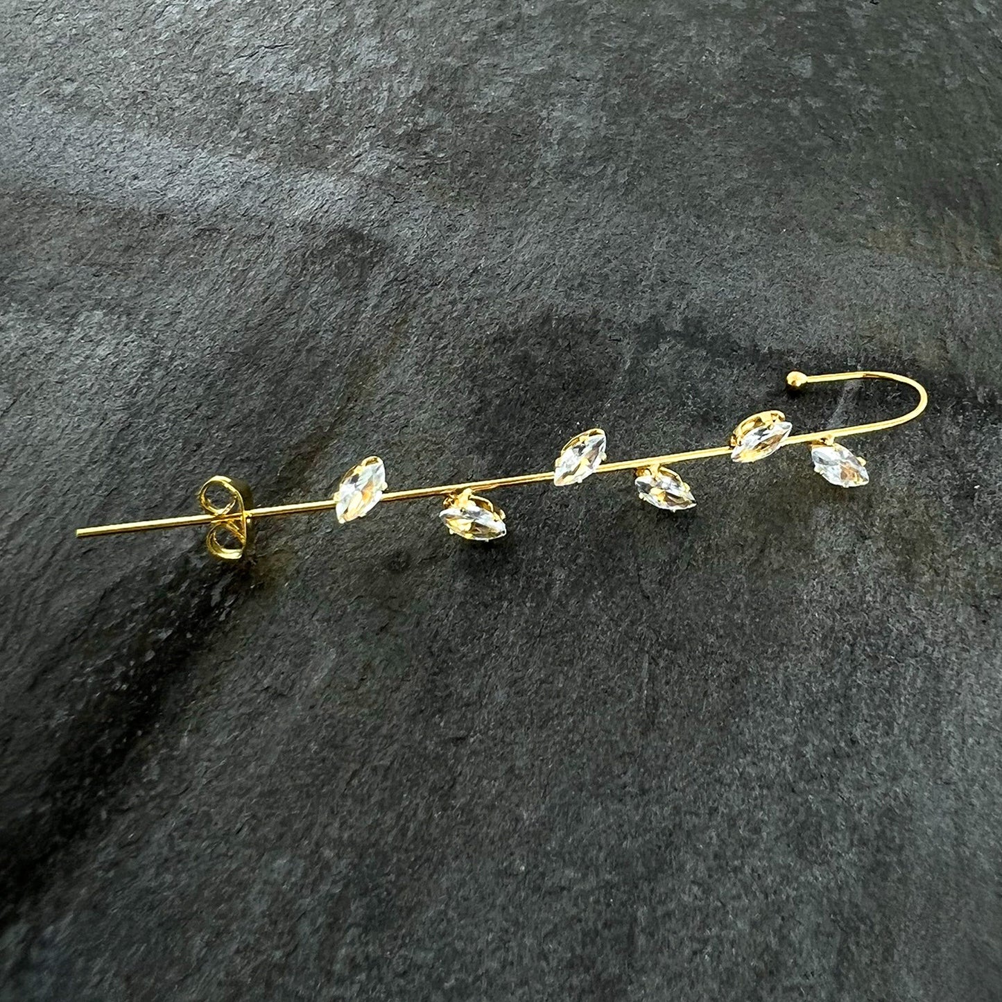 Clear CZ Gem Gold Tone Leafy Vine Ear Cuff Bar Earring