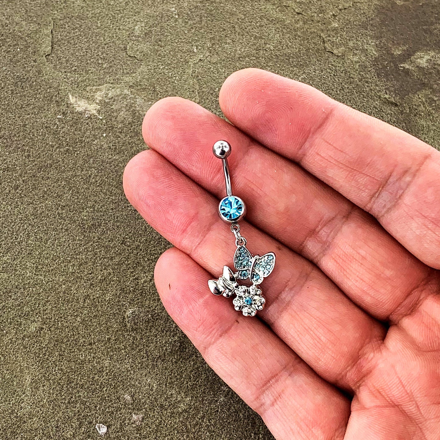 Blue Gem Butterflies Tiny Flower Dangle Belly Ring