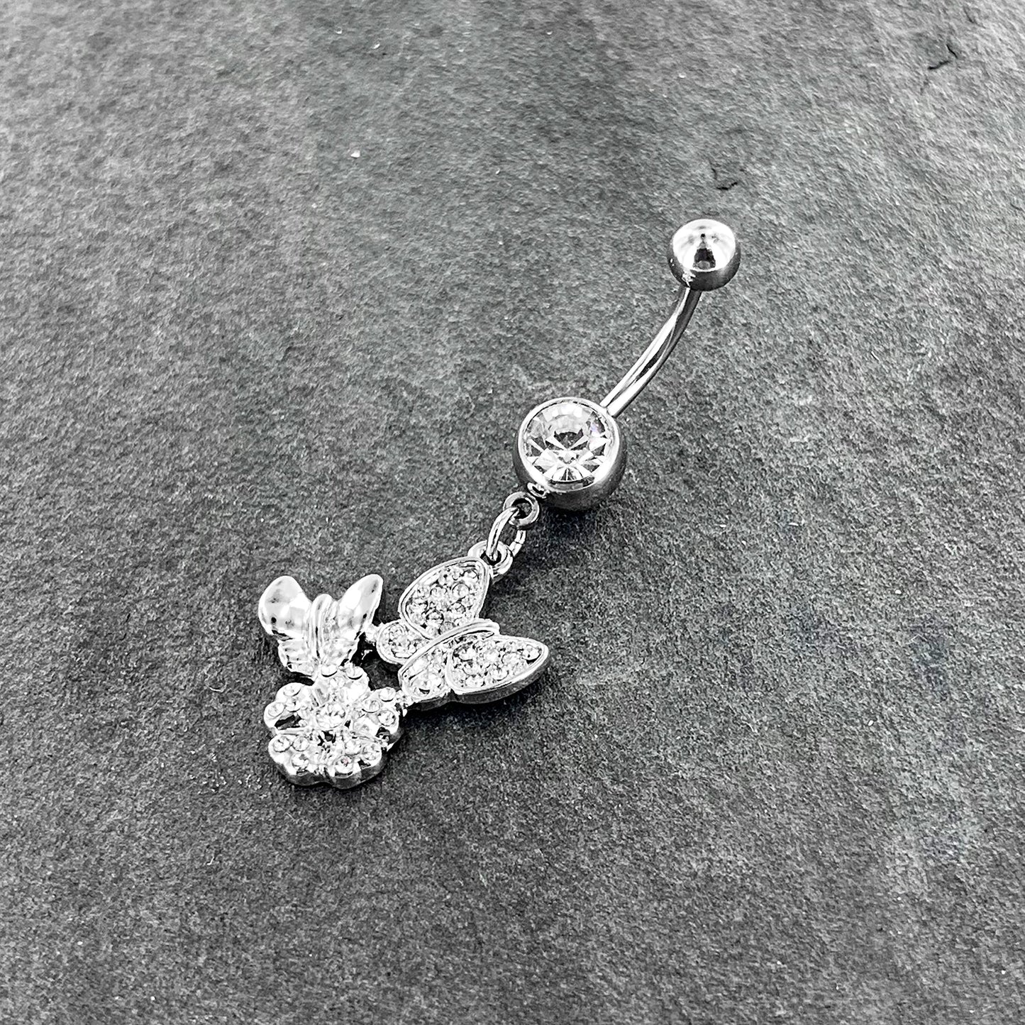 Clear Gem Butterflies Tiny Flower Dangle Belly Ring