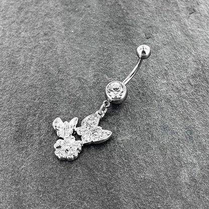 Clear Gem Butterflies Tiny Flower Dangle Belly Ring