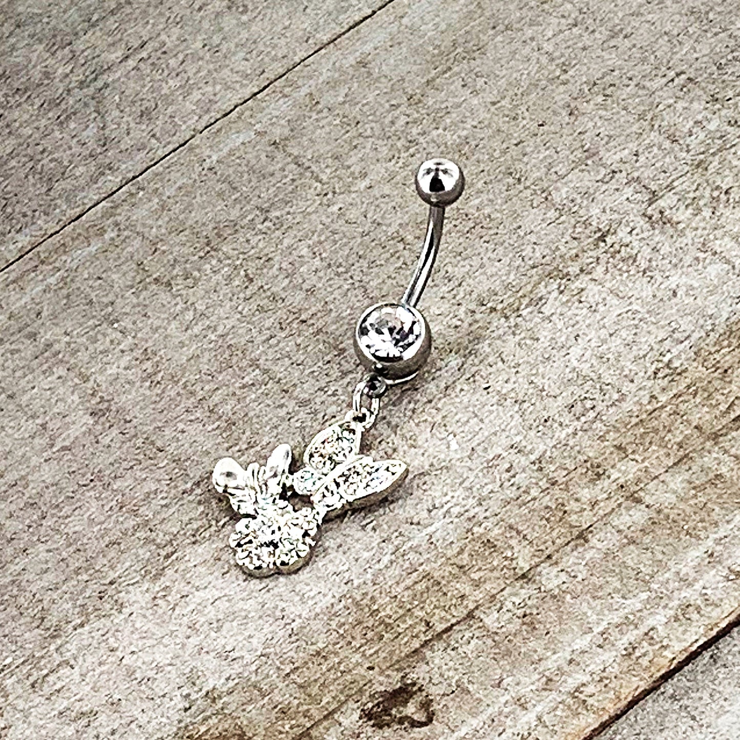 Clear Gem Butterflies Tiny Flower Dangle Belly Ring