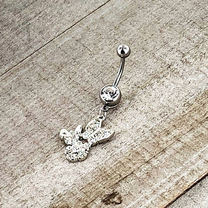 Clear Gem Butterflies Tiny Flower Dangle Belly Ring