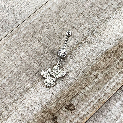 Clear Gem Butterflies Tiny Flower Dangle Belly Ring