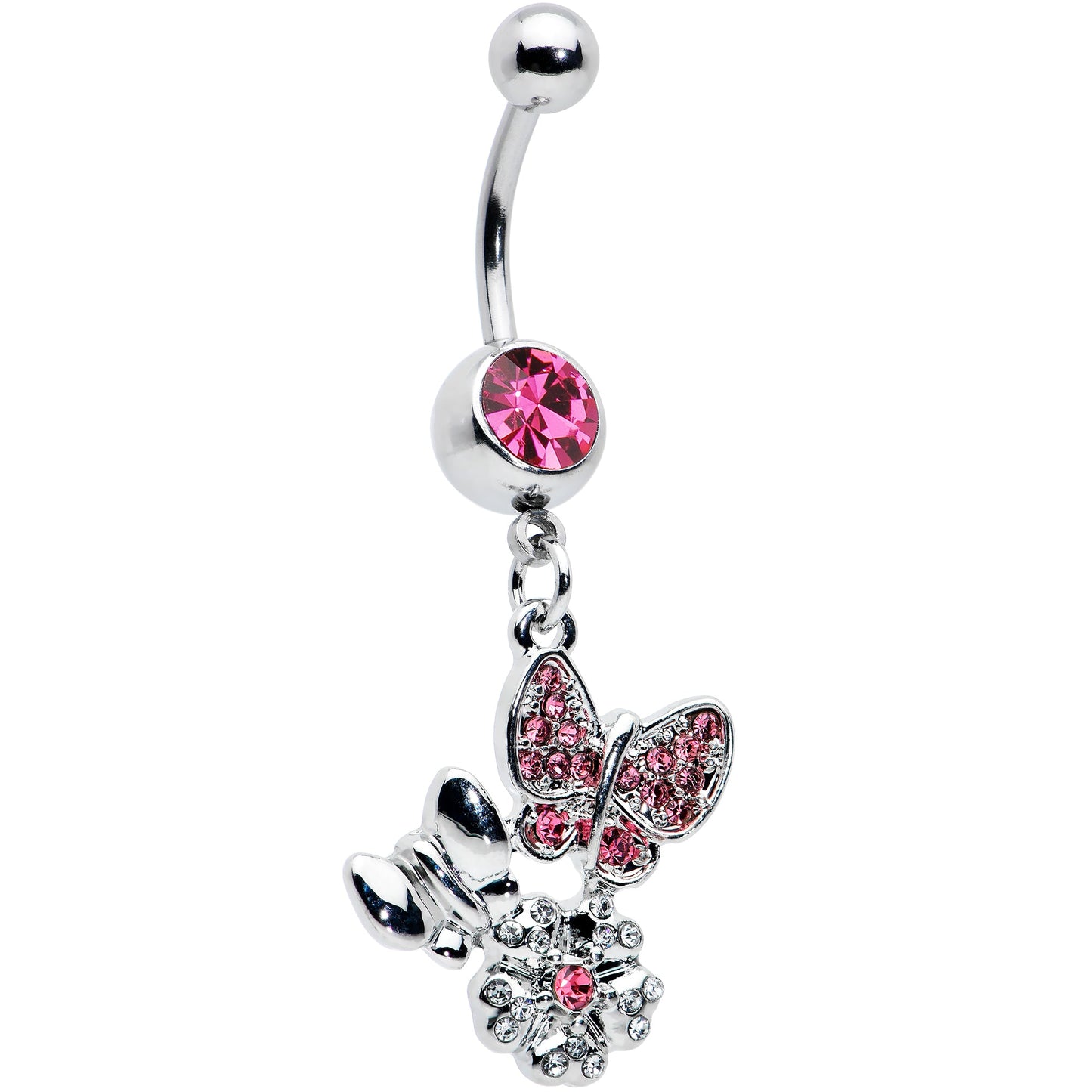 Pink Gem Butterflies Tiny Flower Dangle Belly Ring