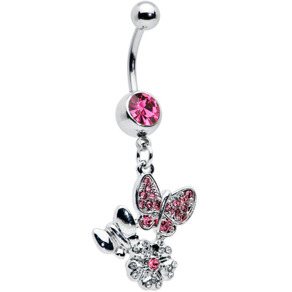 Pink Gem Butterflies Tiny Flower Dangle Belly Ring