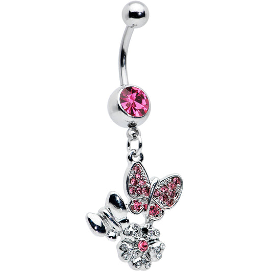Pink Gem Butterflies Tiny Flower Dangle Belly Ring