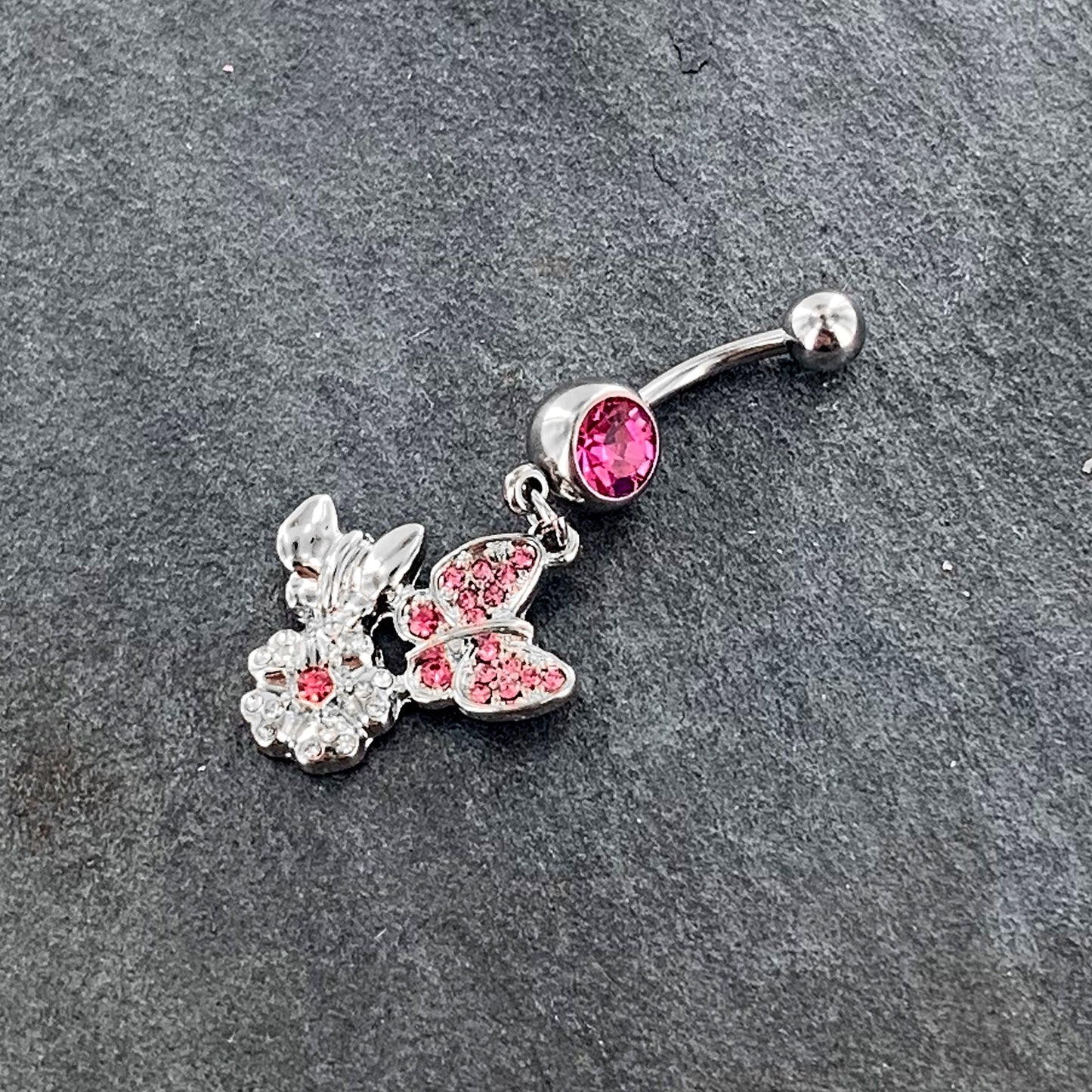 Pink Gem Butterflies Tiny Flower Dangle Belly Ring