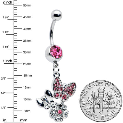 Pink Gem Butterflies Tiny Flower Dangle Belly Ring