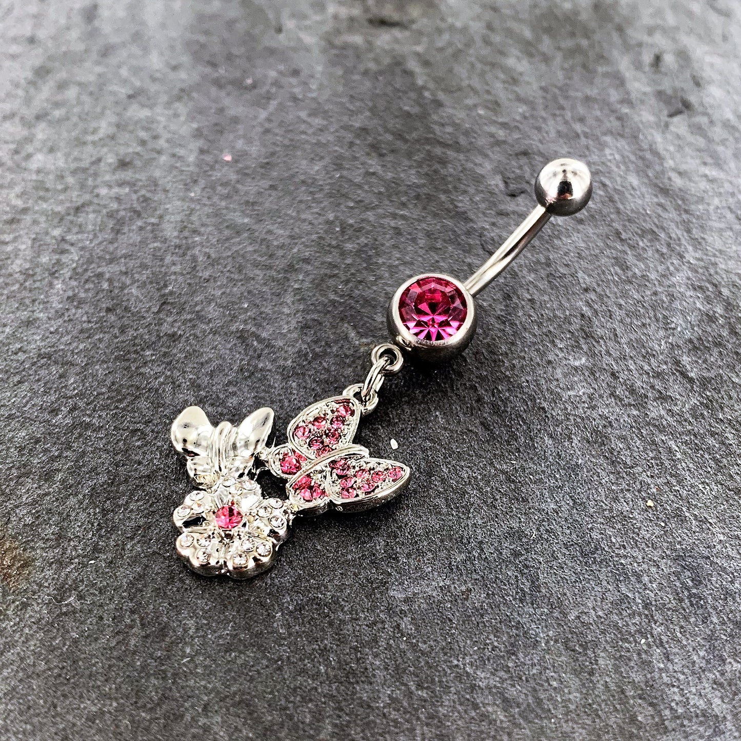 Pink Gem Butterflies Tiny Flower Dangle Belly Ring