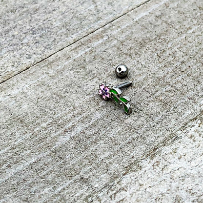 16G 1/4 Pink Purple Long Flower Cartilage Tragus Earring