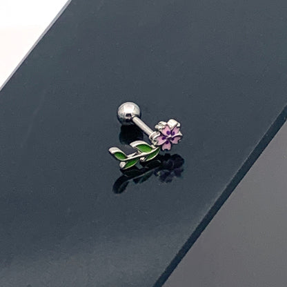 16G 1/4 Pink Purple Long Flower Cartilage Tragus Earring