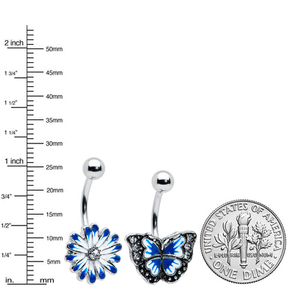 Clear Gem Butterfly Flower Blue White Belly Ring Set of 2