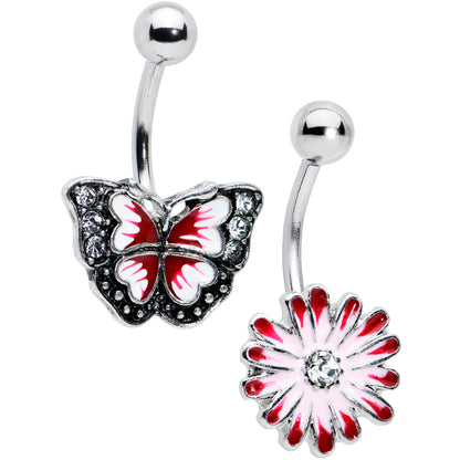 Clear Gem Red Light Pink Butterfly Flower Belly Ring Set of 2