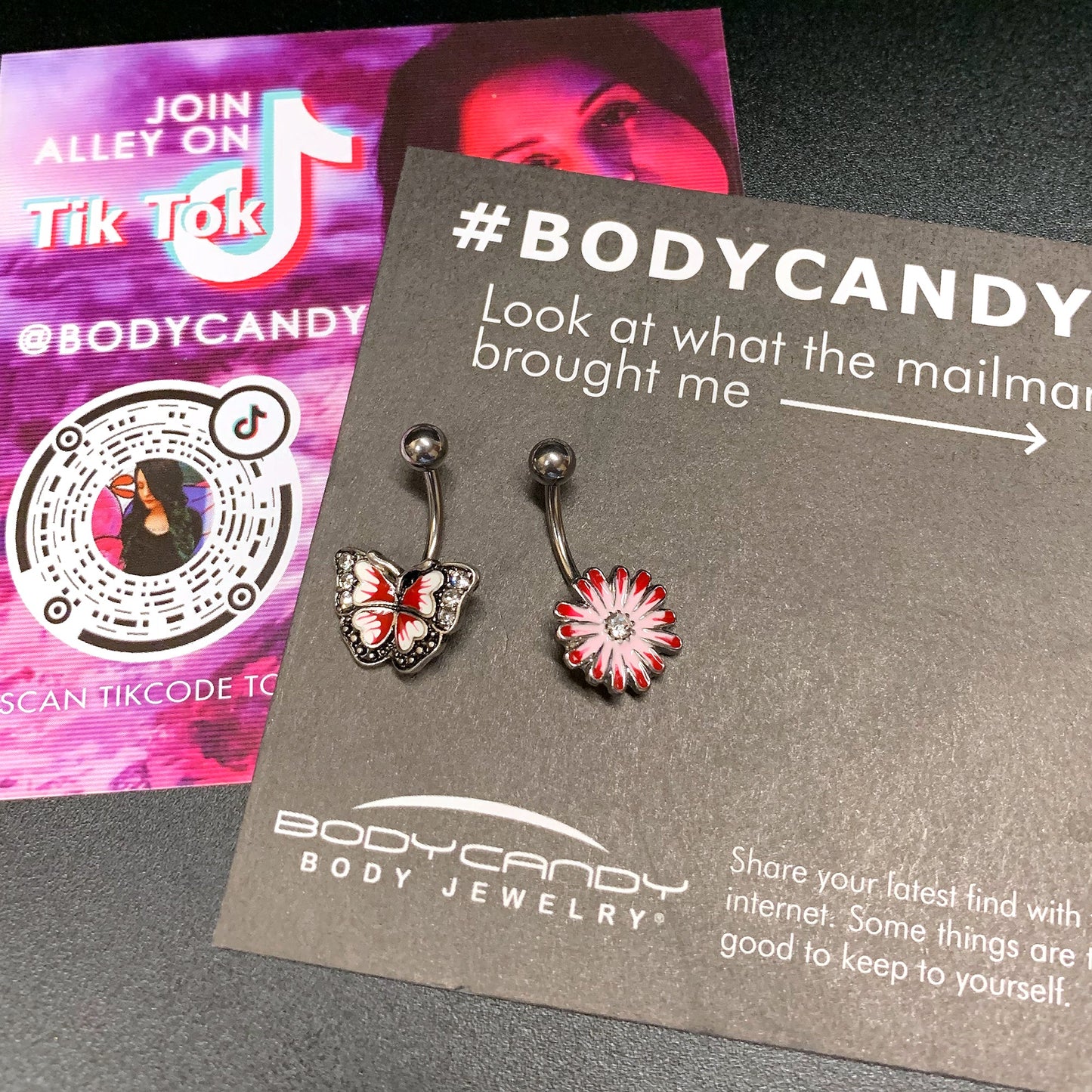 Clear Gem Red Light Pink Butterfly Flower Belly Ring Set of 2