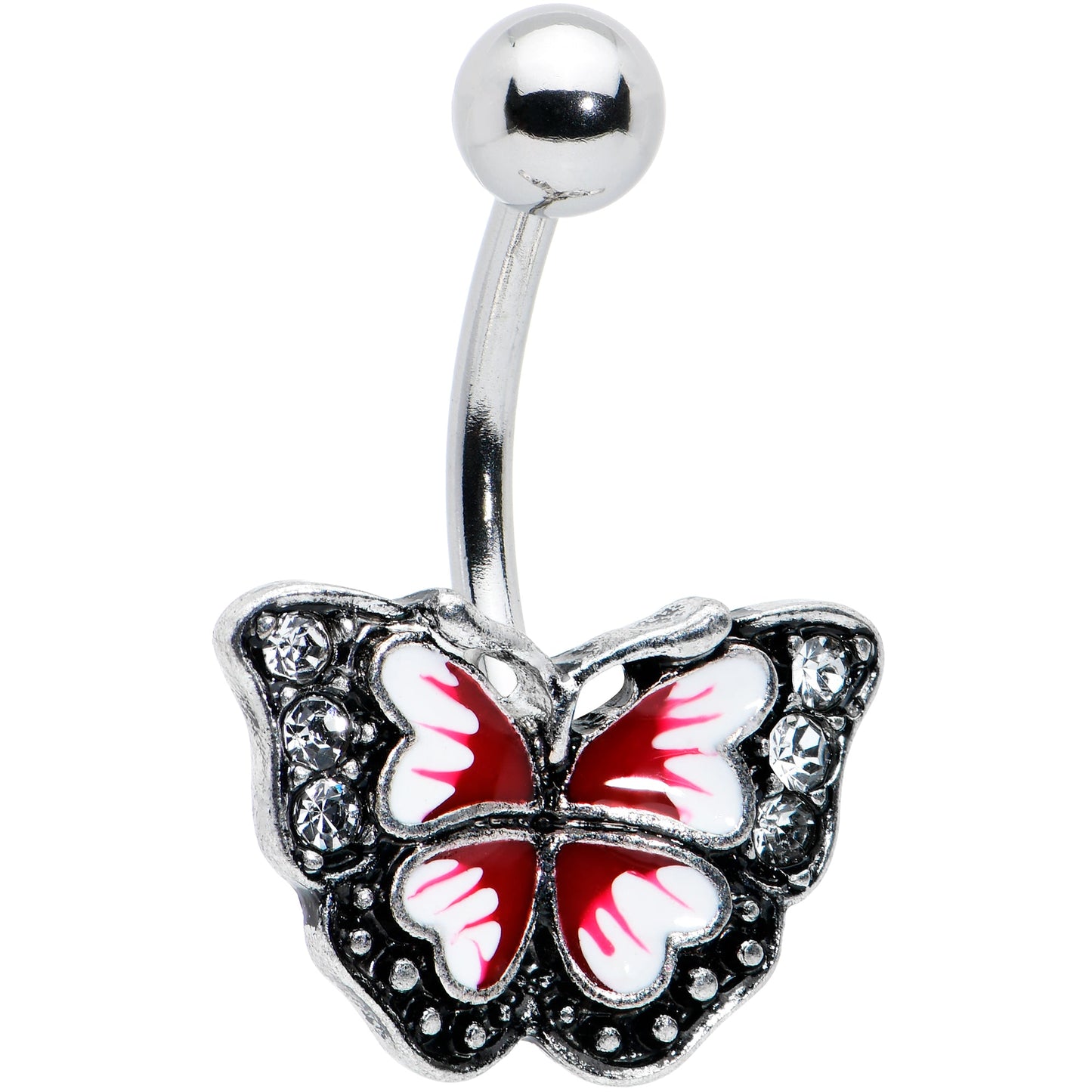 Clear Gem Red Light Pink Butterfly Flower Belly Ring Set of 2