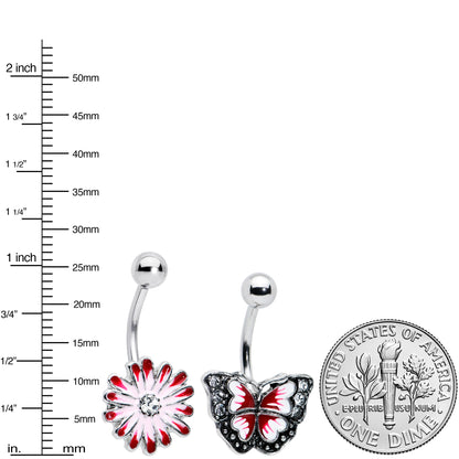 Clear Gem Red Light Pink Butterfly Flower Belly Ring Set of 2