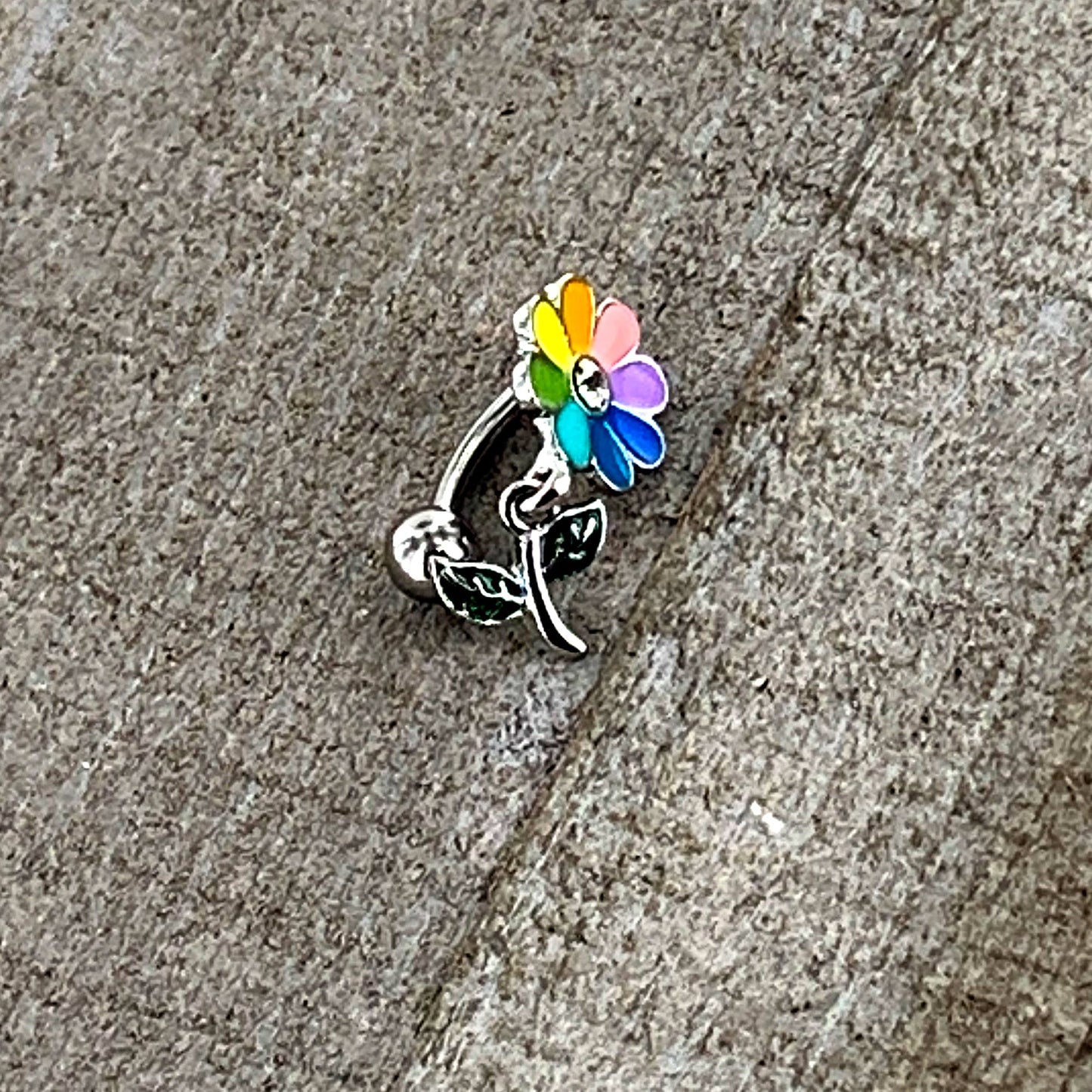 Clear Gem Rainbow Pride Flower Top Mount Dangle Belly Ring