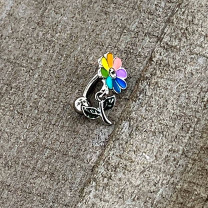 Clear Gem Rainbow Pride Flower Top Mount Dangle Belly Ring
