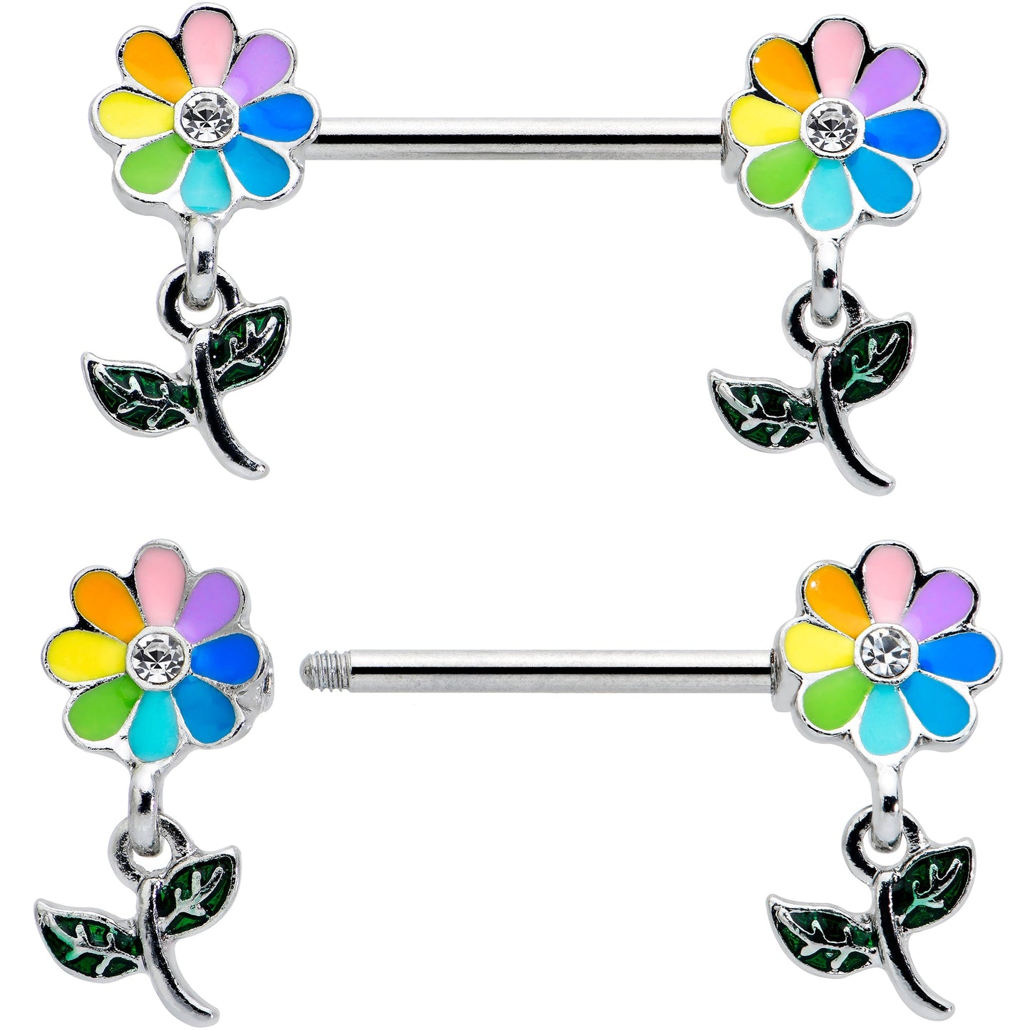 14G 9/16 Clear Gem Pride Rainbow Flower Dangle Nipple Ring Set