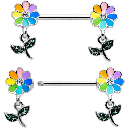 14G 9/16 Clear Gem Pride Rainbow Flower Dangle Nipple Ring Set