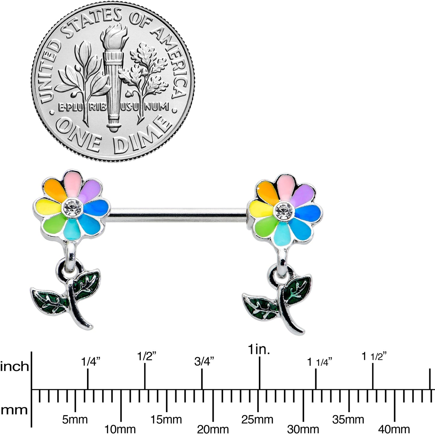 14G 9/16 Clear Gem Pride Rainbow Flower Dangle Nipple Ring Set