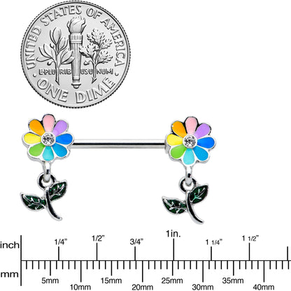 14G 9/16 Clear Gem Pride Rainbow Flower Dangle Nipple Ring Set