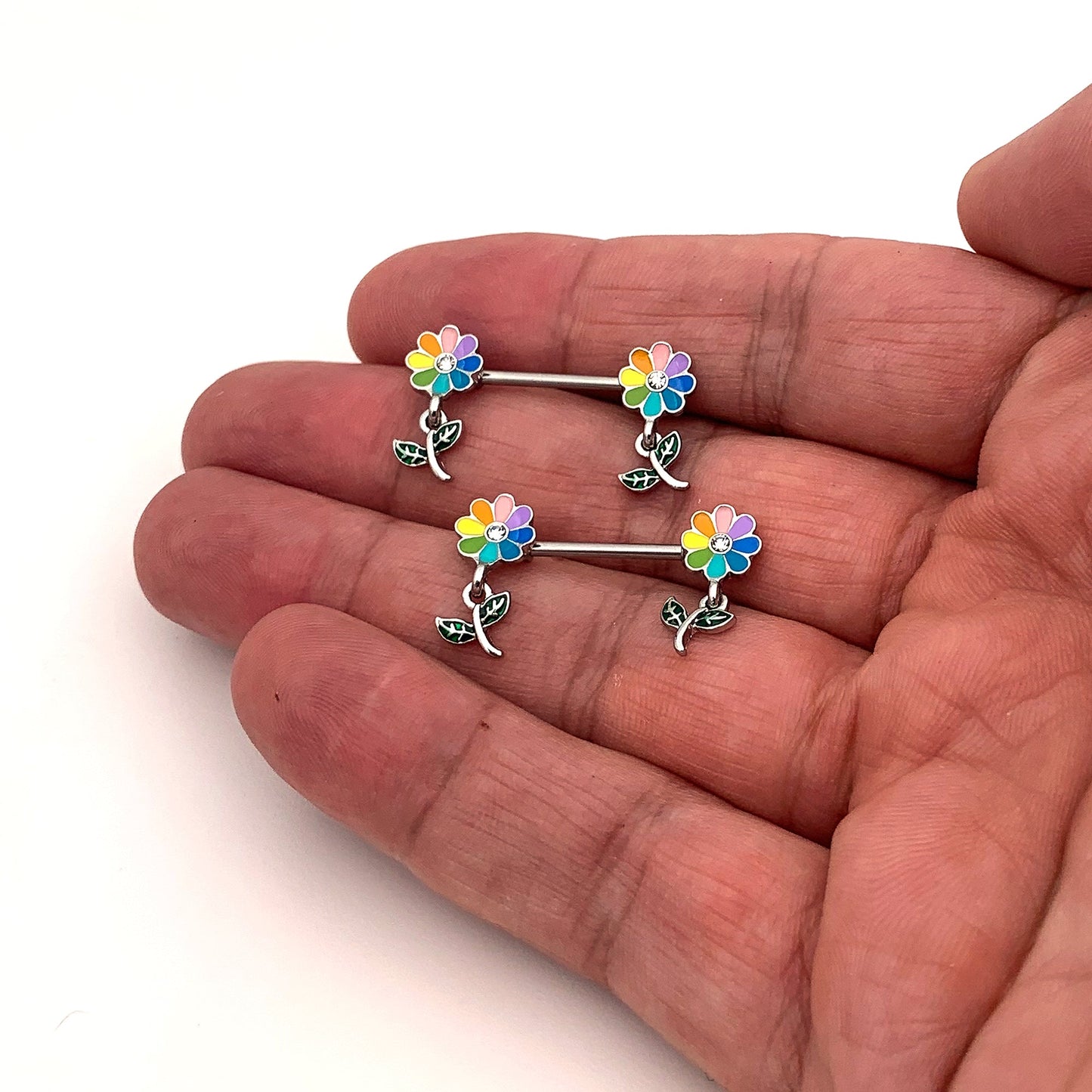 14G 9/16 Clear Gem Pride Rainbow Flower Dangle Nipple Ring Set