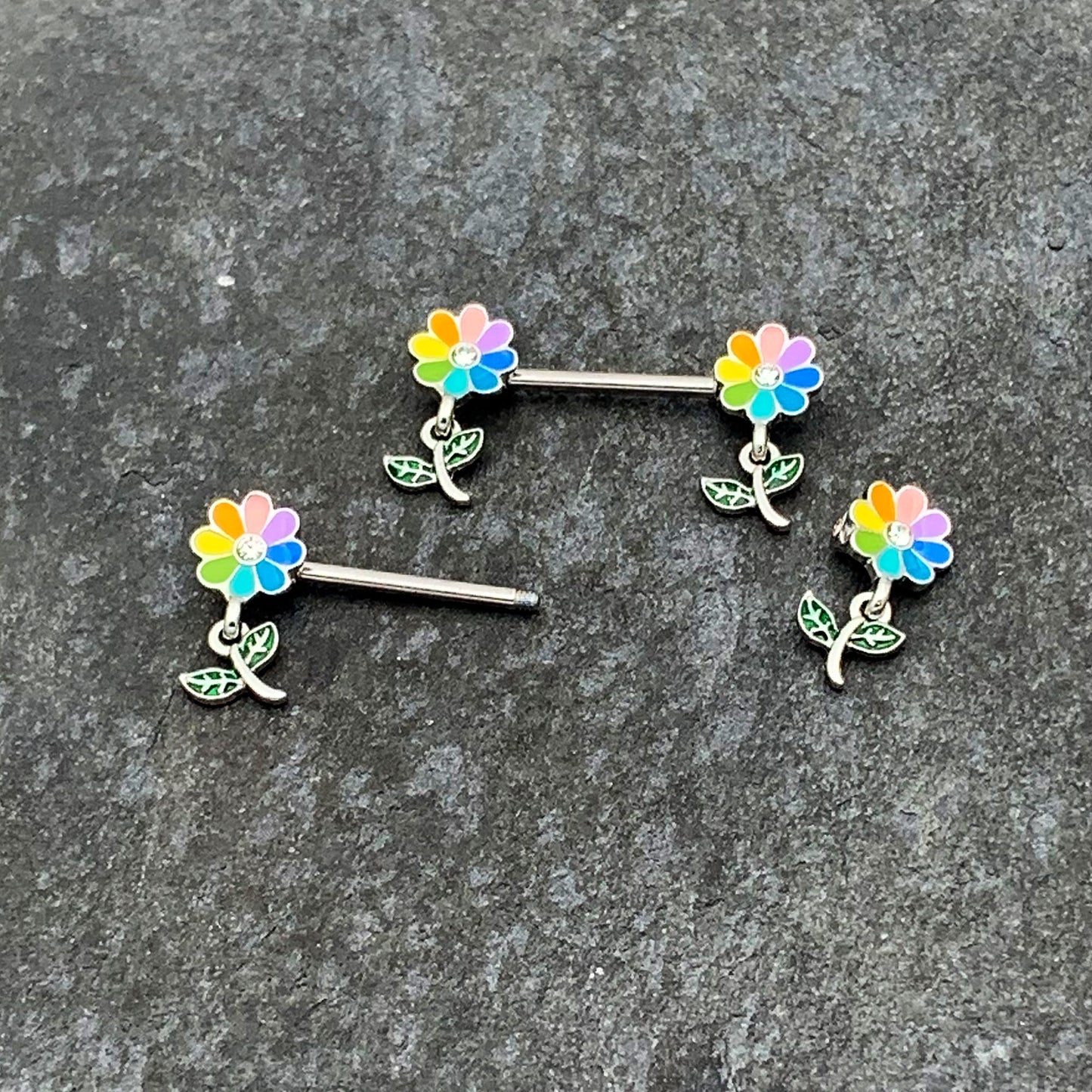 14G 9/16 Clear Gem Pride Rainbow Flower Dangle Nipple Ring Set