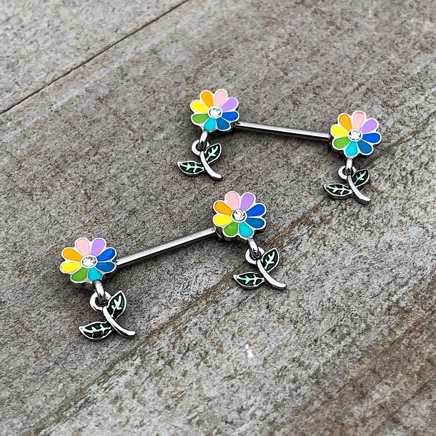 14G 9/16 Clear Gem Pride Rainbow Flower Dangle Nipple Ring Set