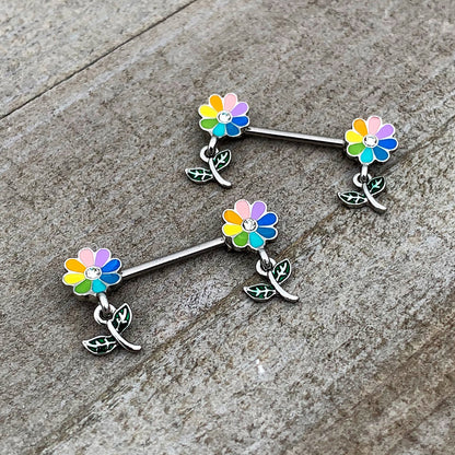 14G 9/16 Clear Gem Pride Rainbow Flower Dangle Nipple Ring Set