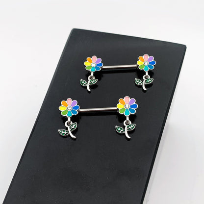 14G 9/16 Clear Gem Pride Rainbow Flower Dangle Nipple Ring Set