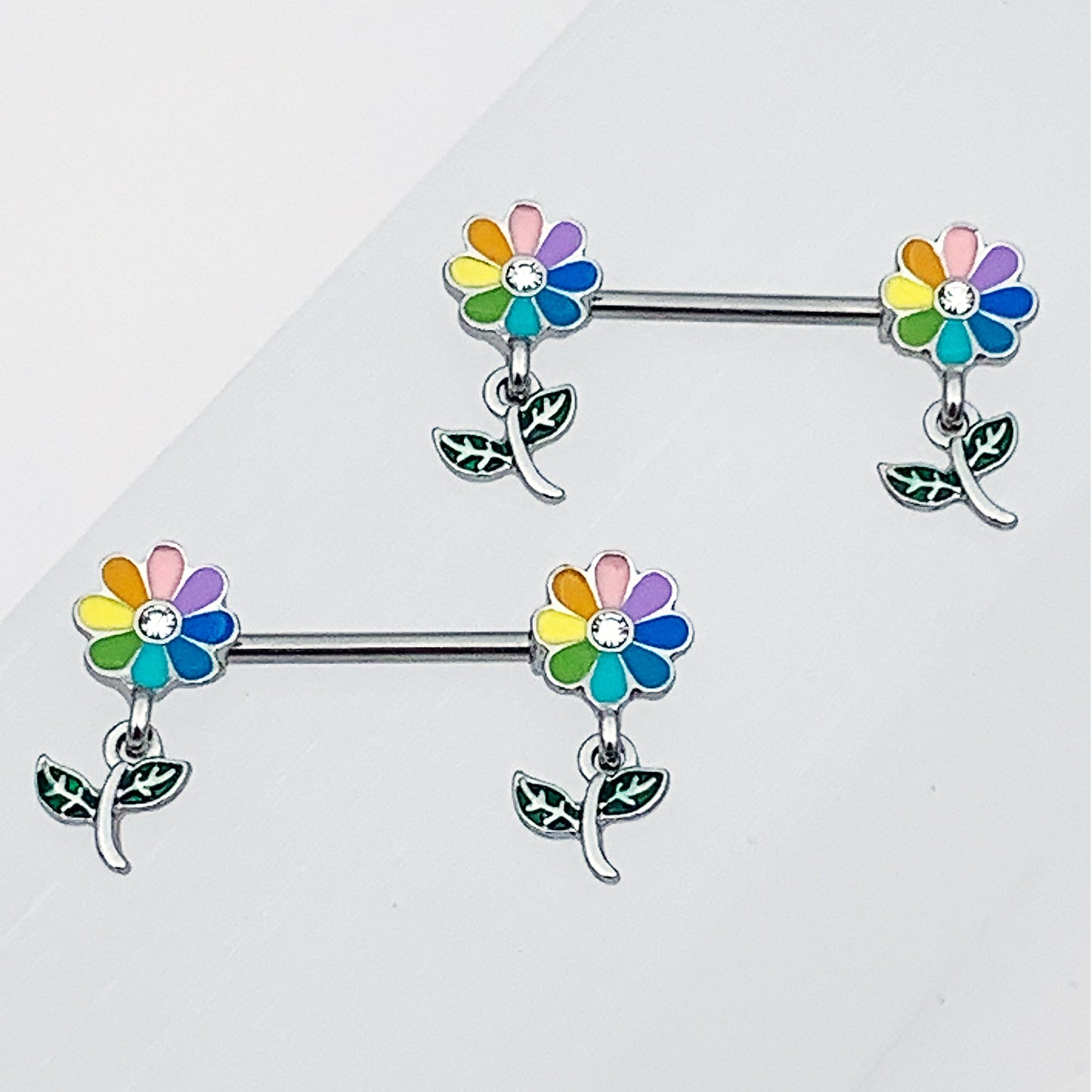 14G 9/16 Clear Gem Pride Rainbow Flower Dangle Nipple Ring Set