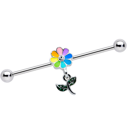 14G Clear Gem Pride Rainbow Flower Dangle Industrial Barbell 38mm
