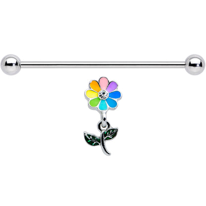 14G Clear Gem Pride Rainbow Flower Dangle Industrial Barbell 38mm