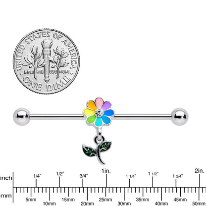 14G Clear Gem Pride Rainbow Flower Dangle Industrial Barbell 38mm