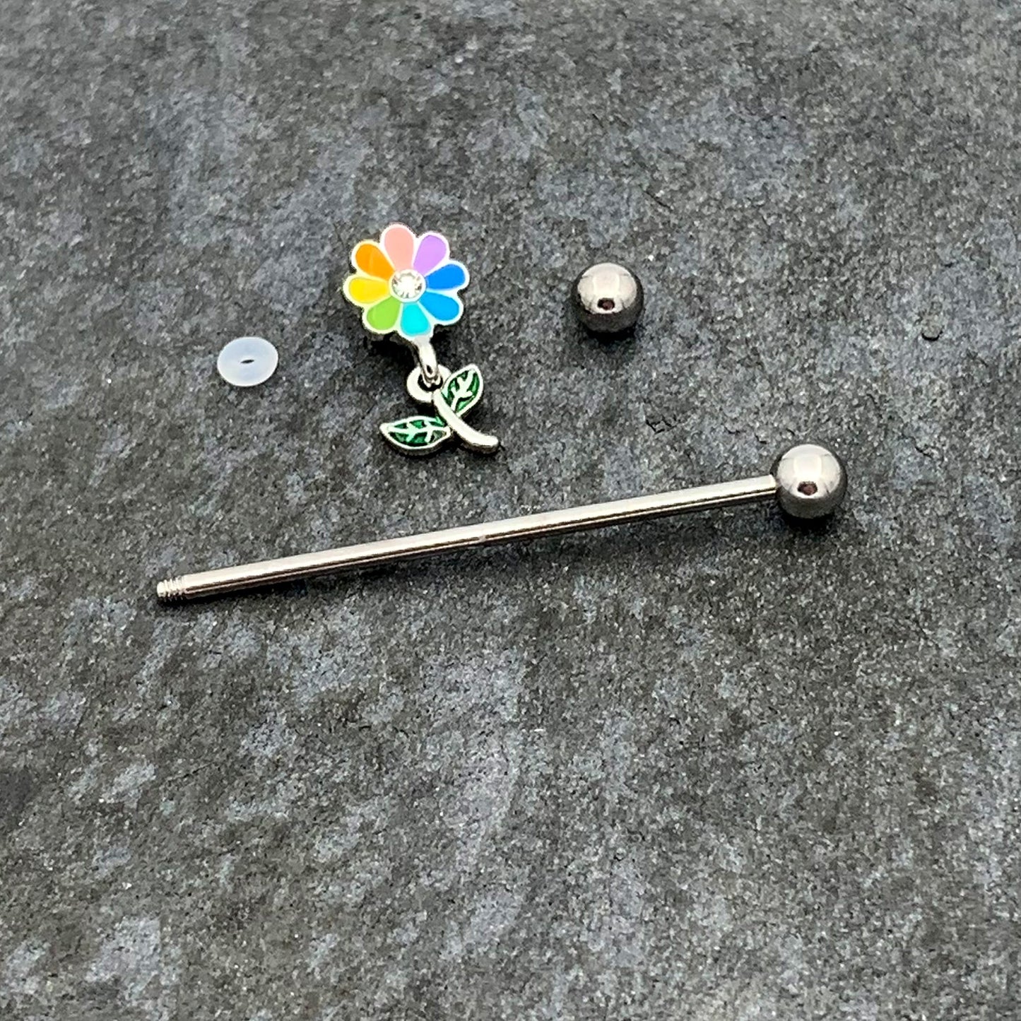 14G Clear Gem Pride Rainbow Flower Dangle Industrial Barbell 38mm