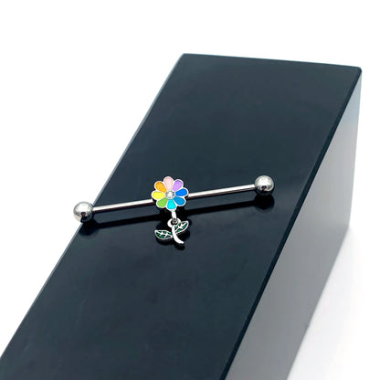 14G Clear Gem Pride Rainbow Flower Dangle Industrial Barbell 38mm