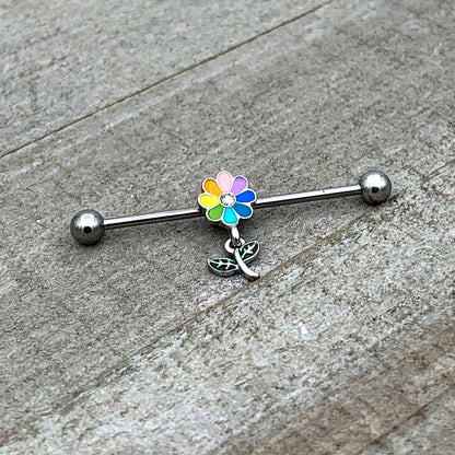 14G Clear Gem Pride Rainbow Flower Dangle Industrial Barbell 38mm