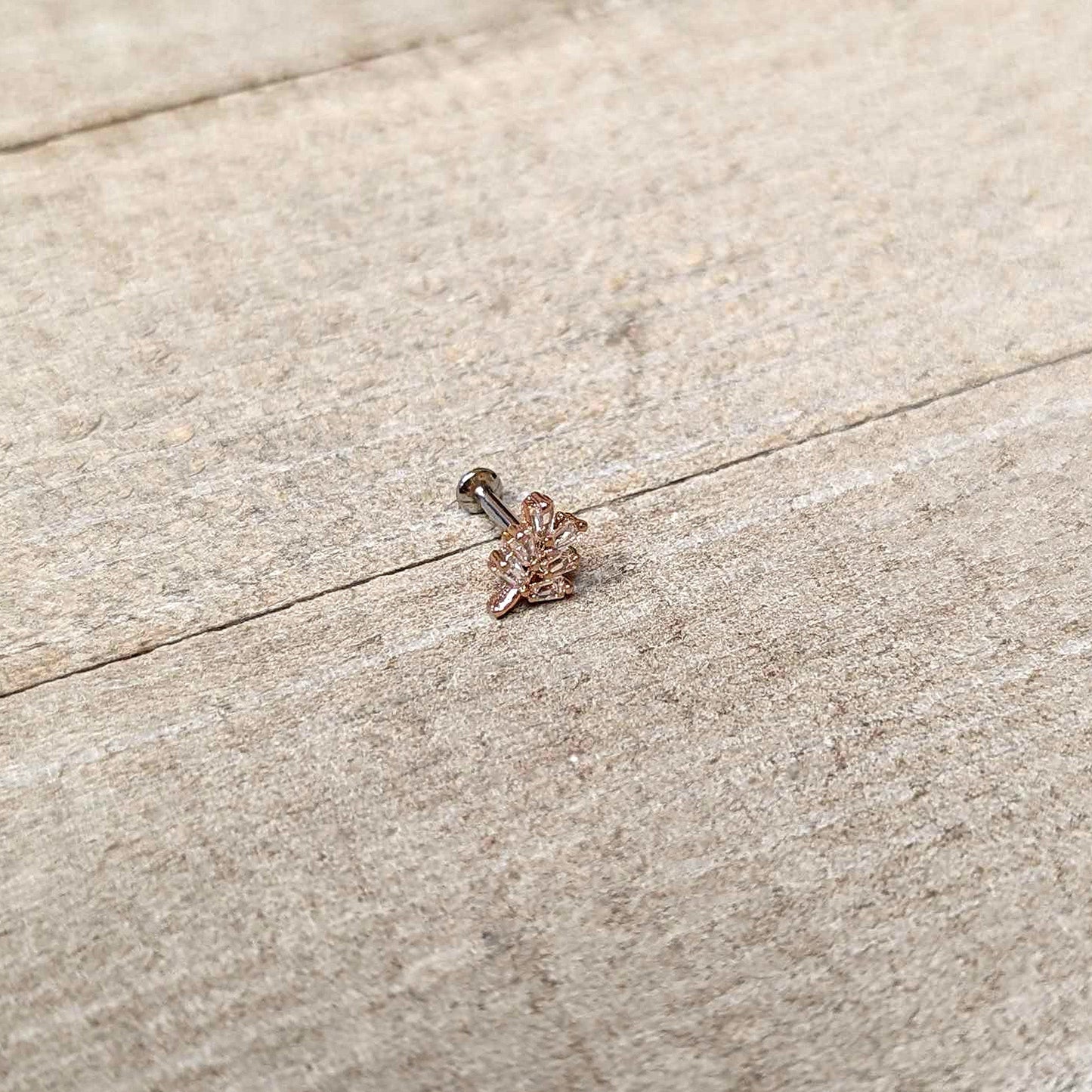 16G 1/4 Clear CZ Gem Leafy Rosy Branch Threadless Labret Tragus