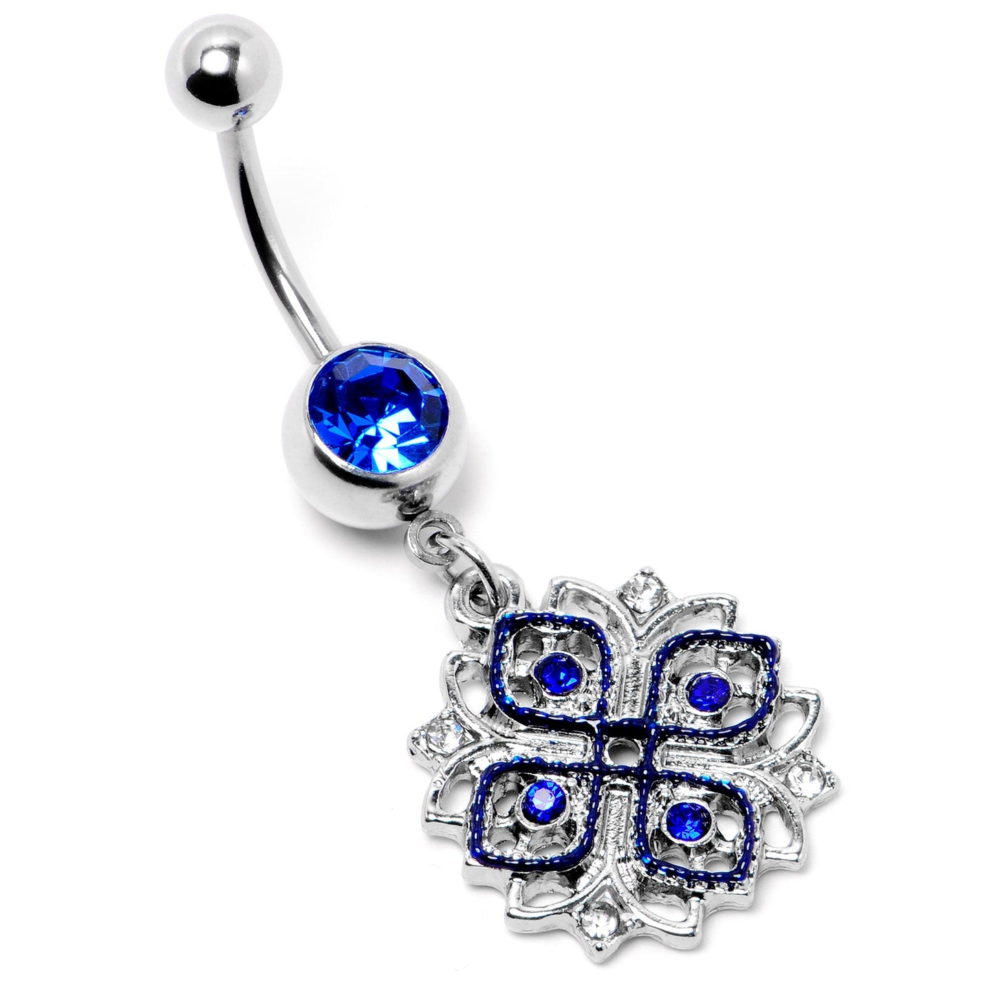 Clear Blue Gem Embellished Cross Dangle Belly Ring