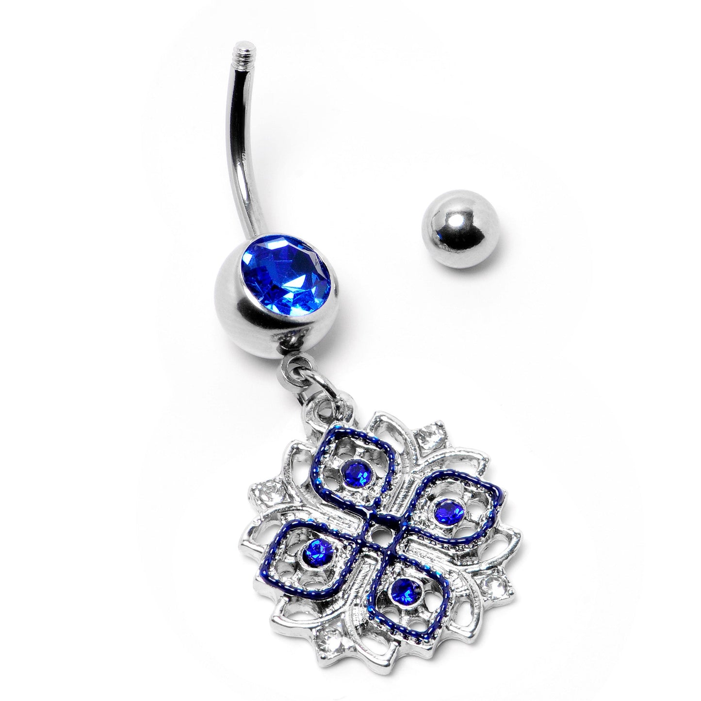 Clear Blue Gem Embellished Cross Dangle Belly Ring