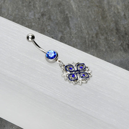 Clear Blue Gem Embellished Cross Dangle Belly Ring