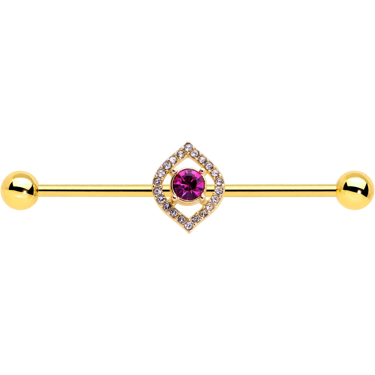 14G Clear Pink Gem Gold Tone Open Eye Industrial Barbell 38mm