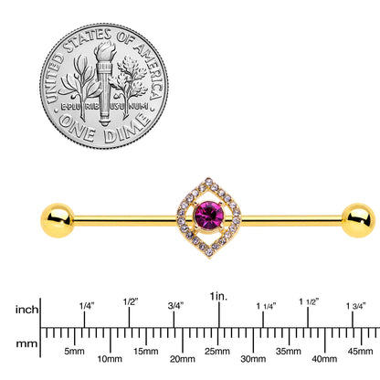 14G Clear Pink Gem Gold Tone Open Eye Industrial Barbell 38mm