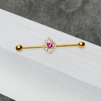 14G Clear Pink Gem Gold Tone Open Eye Industrial Barbell 38mm