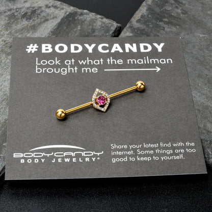 14G Clear Pink Gem Gold Tone Open Eye Industrial Barbell 38mm
