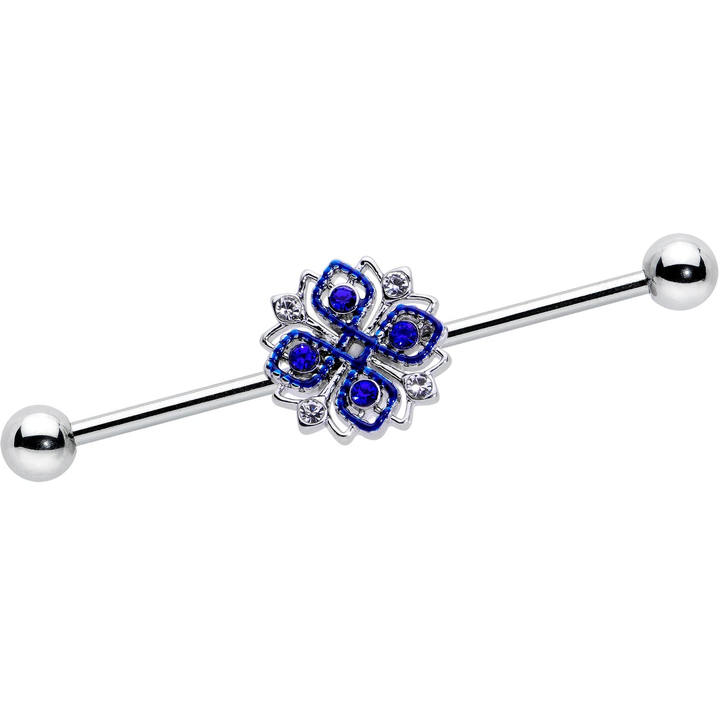 14G Clear Blue Gem Embellished Cross Industrial Barbell 38mm