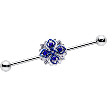 14G Clear Blue Gem Embellished Cross Industrial Barbell 38mm